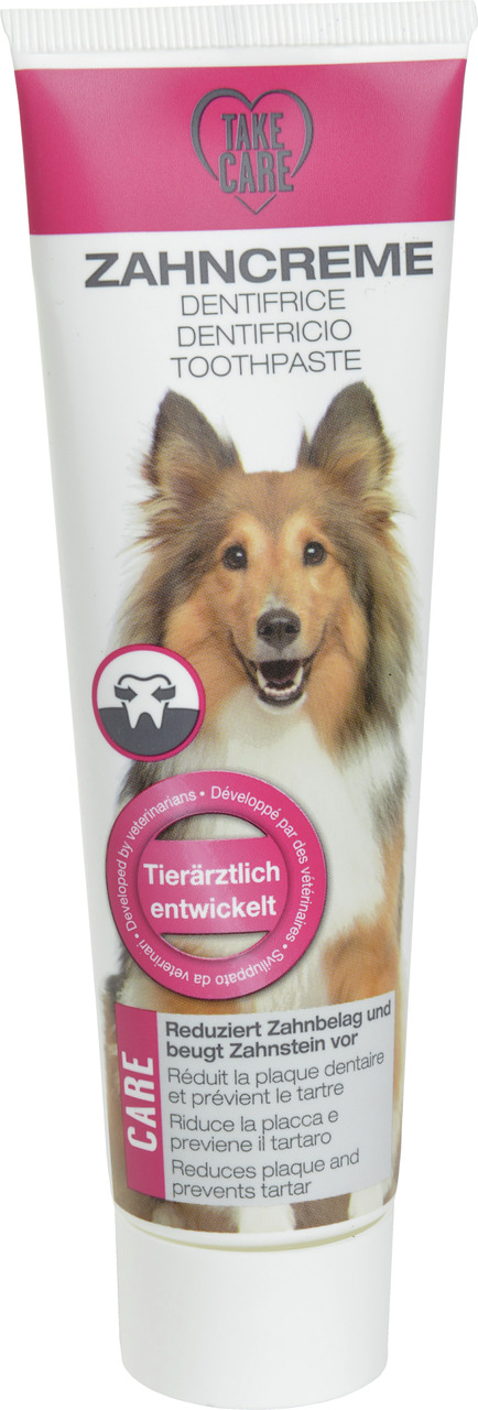 Take Care Zahncreme für Hunde, tierärztlich entwickelt, reduziert Zahnstein & Zahnbelag, Tube mit Collie-Abbildung.