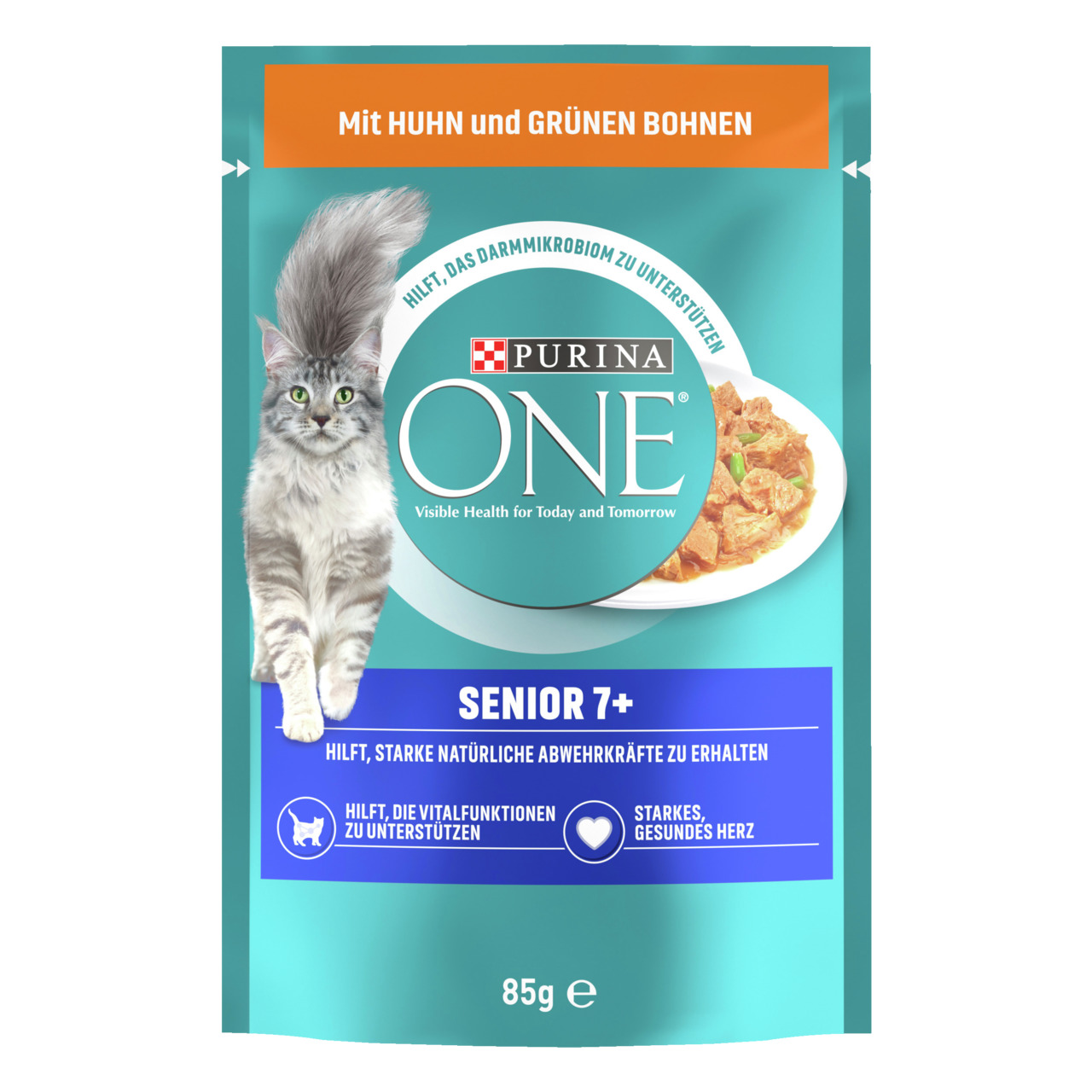Purina ONE Senior 7+ Katzenfutter, Huhn & grüne Bohnen, ab 7 J., stärkt Abwehr, Herz & Darmmikrobiom, 85 g.