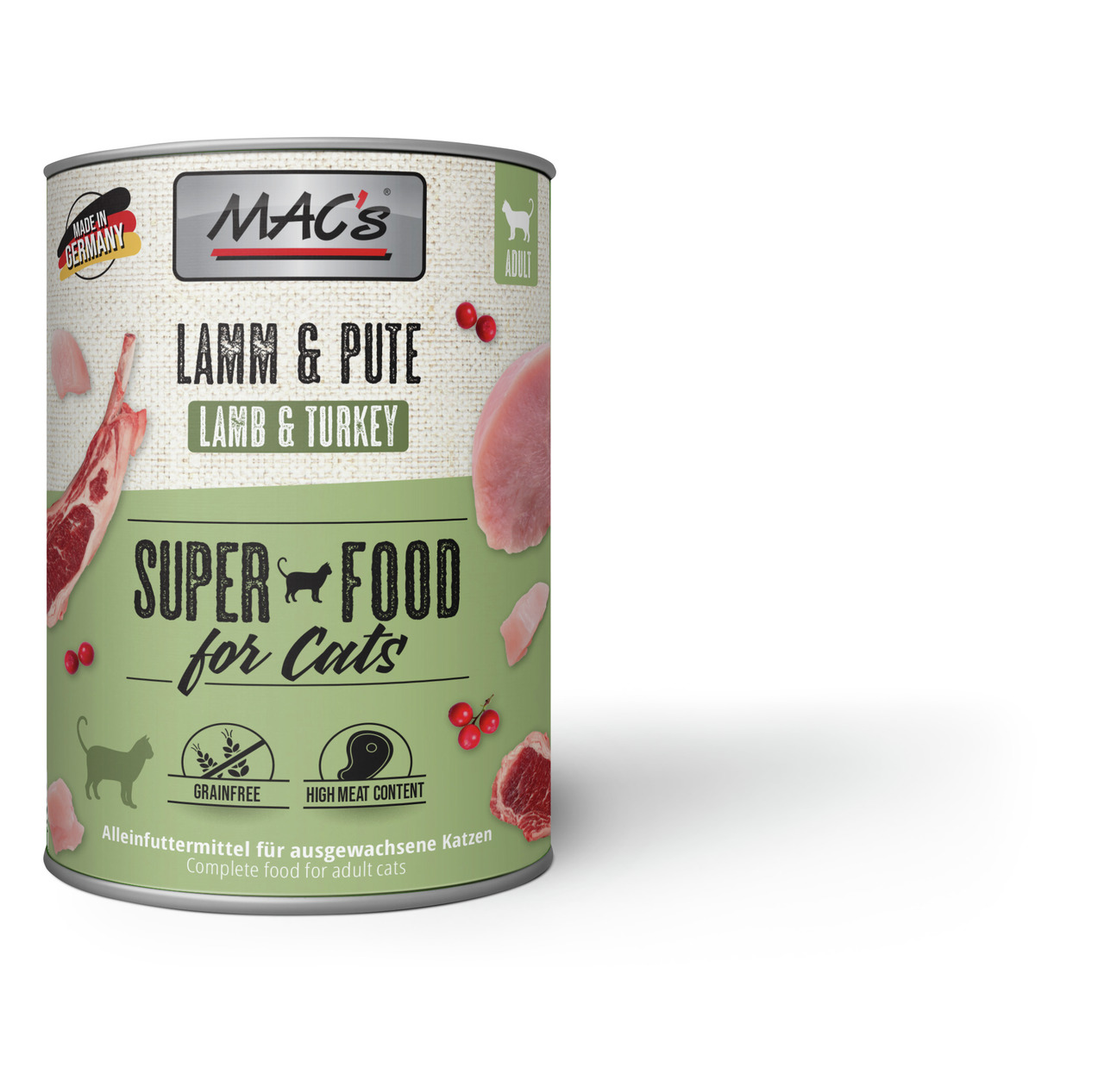 MAC's Super Food for Cats, Alleinfutter f. erw. Katzen, Lamm & Pute, getreidefrei, hoher Fleischanteil, 400 g.