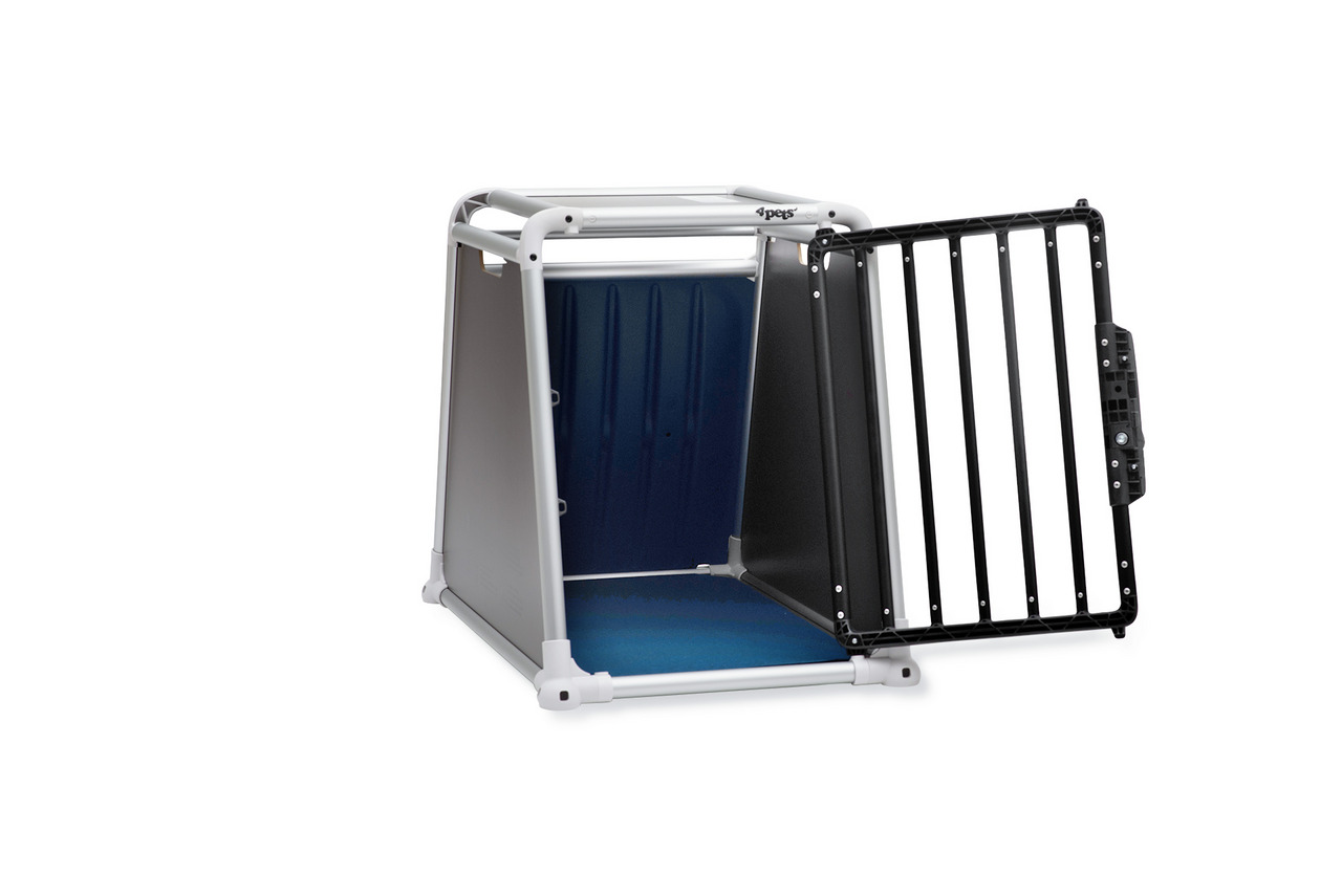 4pets ProLine Hundetransportbox, robustes Alu+Kunststoff, blaue Matte, schwarze Gittertür, sicher+komfortabel, für Hunde.