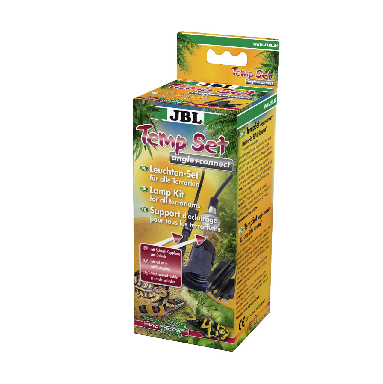 Das Bild zeigt die Verpackung des JBL Temp Set angle+connect, ein Leuchten-Set für Terrarien. Es ist für alle Terrarien geeignet und enthält eine Schnell-Kupplung sowie ein Gelenk für flexible Ausrichtung. Die Verpackung ist farbenfroh gestaltet und zeigt