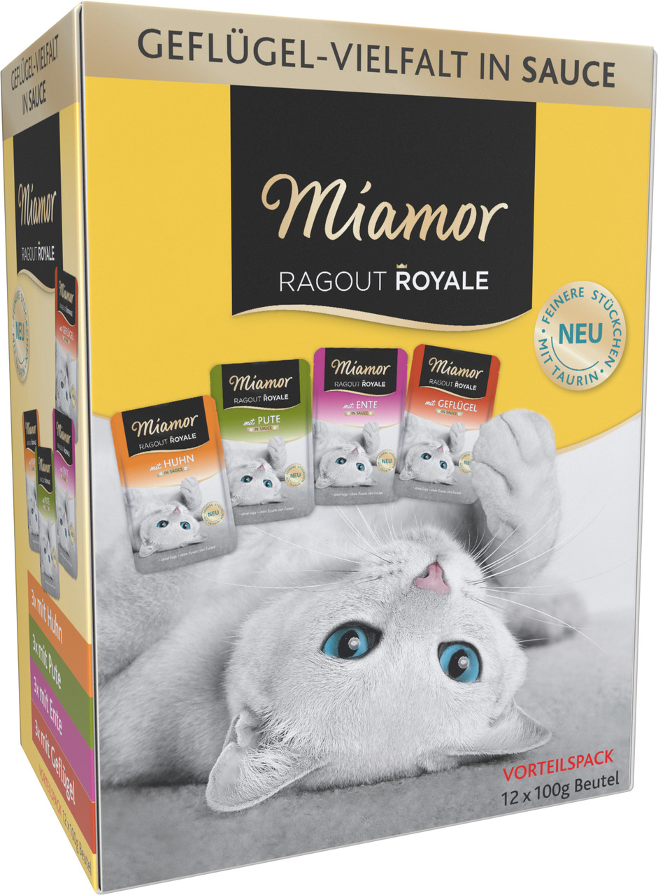 Miamor Ragout Royale Geflügel-Vielfalt, Katzenfutter, Huhn-Pute-Ente-Geflügel, „Feinere Stückchen“, „Mit Taurin“, 12x100g.