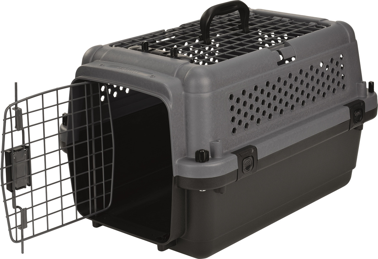 AniOne Transportbox, Katzen/Hunde, grau/schwarz, Metallgittertür, Lüftungsschlitze, Tragegriff, ideal für Reisen/Tierarztbesuche.