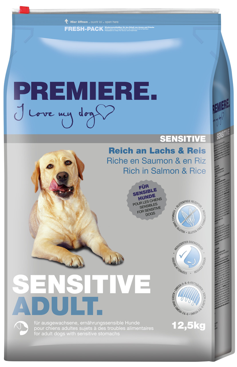 PREMIERE Sensitive Adult, 12,5 kg, für ernährungssensible, ausgewachsene Hunde, Lachs & Reis, glutenfrei, Omega-3--6, geruchsreduzierend