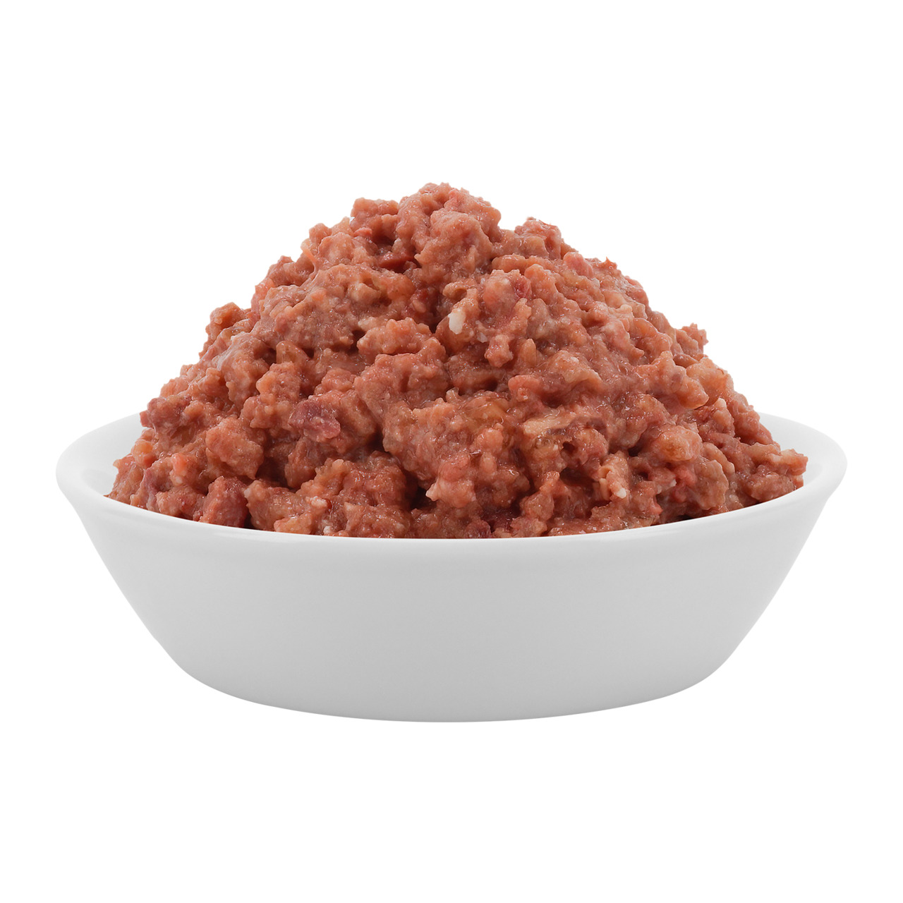 Das Bild zeigt eine weiße Schale, die mit einer Portion Lucky Lou Hundefutter gefüllt ist. Das Nassfutter ist speziell für Hunde geeignet und besteht aus einer fleischigen Mischung in einer appetitlichen, groben Konsistenz. Es handelt sich um die Geschmac