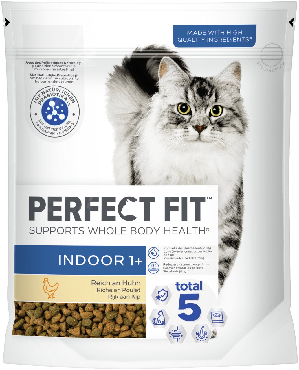 Perfect Fit Indoor 1+, für Wohnungskatzen, Huhn, „Total 5“-Formel, Präbiotika für Darmgesundheit, 750 g.