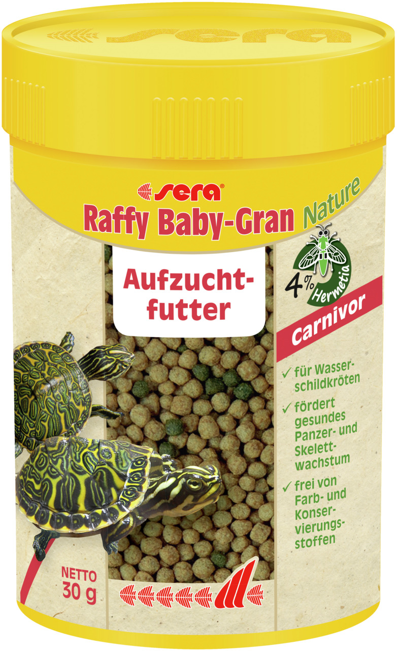 Das Bild zeigt eine gelbe Dose des Produkts "sera Raffy Baby-Gran Nature", einem Aufzuchtfutter für Wasserschildkröten. Die Verpackung enthält 30 g Granulatfutter, das 4 % Hermetia-Inhaltsstoffe enthält. Es fördert gesundes Panzer- und Skelettwachstum und