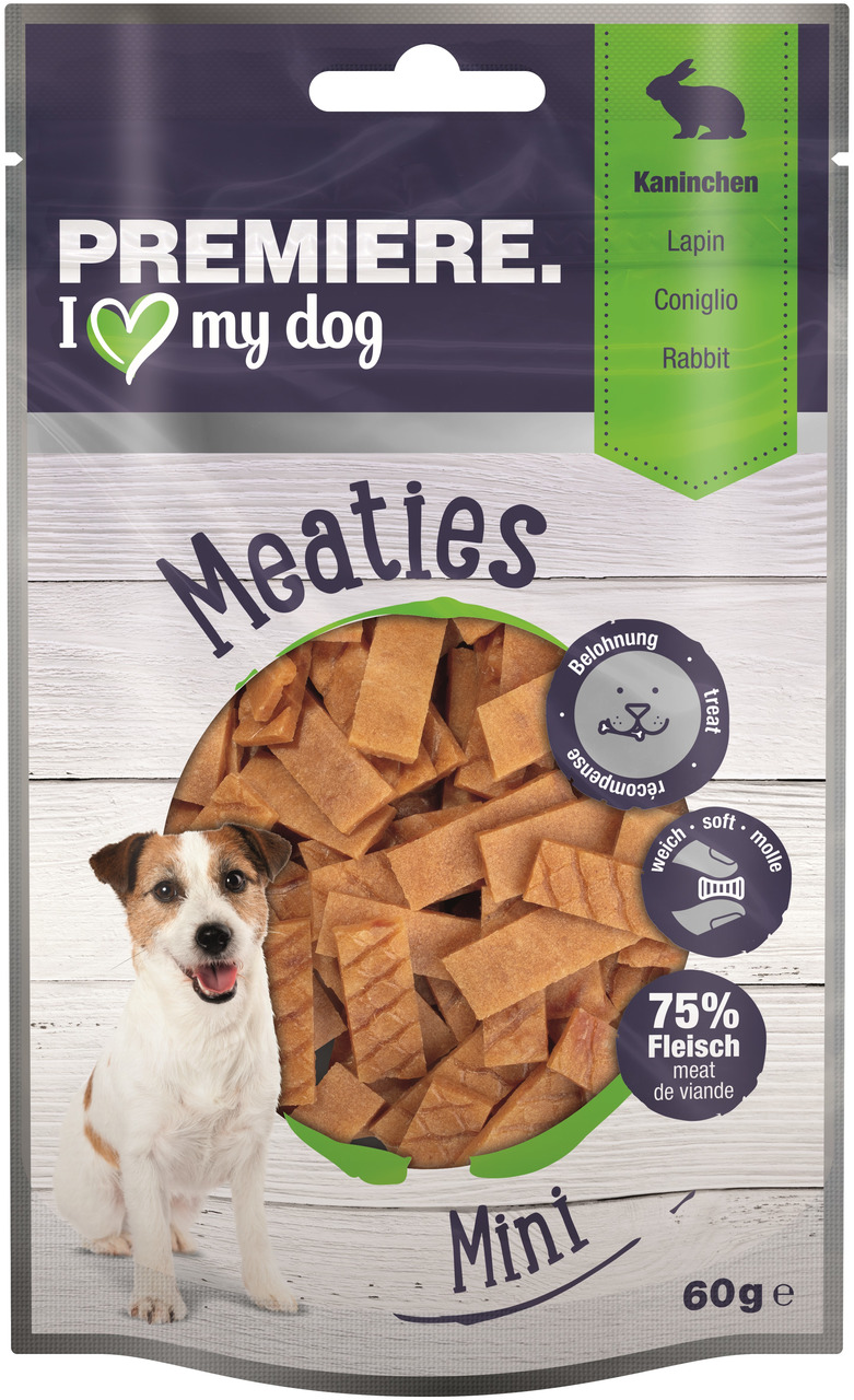 PREMIERE Meaties Mini, Hundesnack f. erw. Hunde, Kaninchen, 75 % Fleisch, 60 g, weiche Leckerlis, ideal als Belohnung.