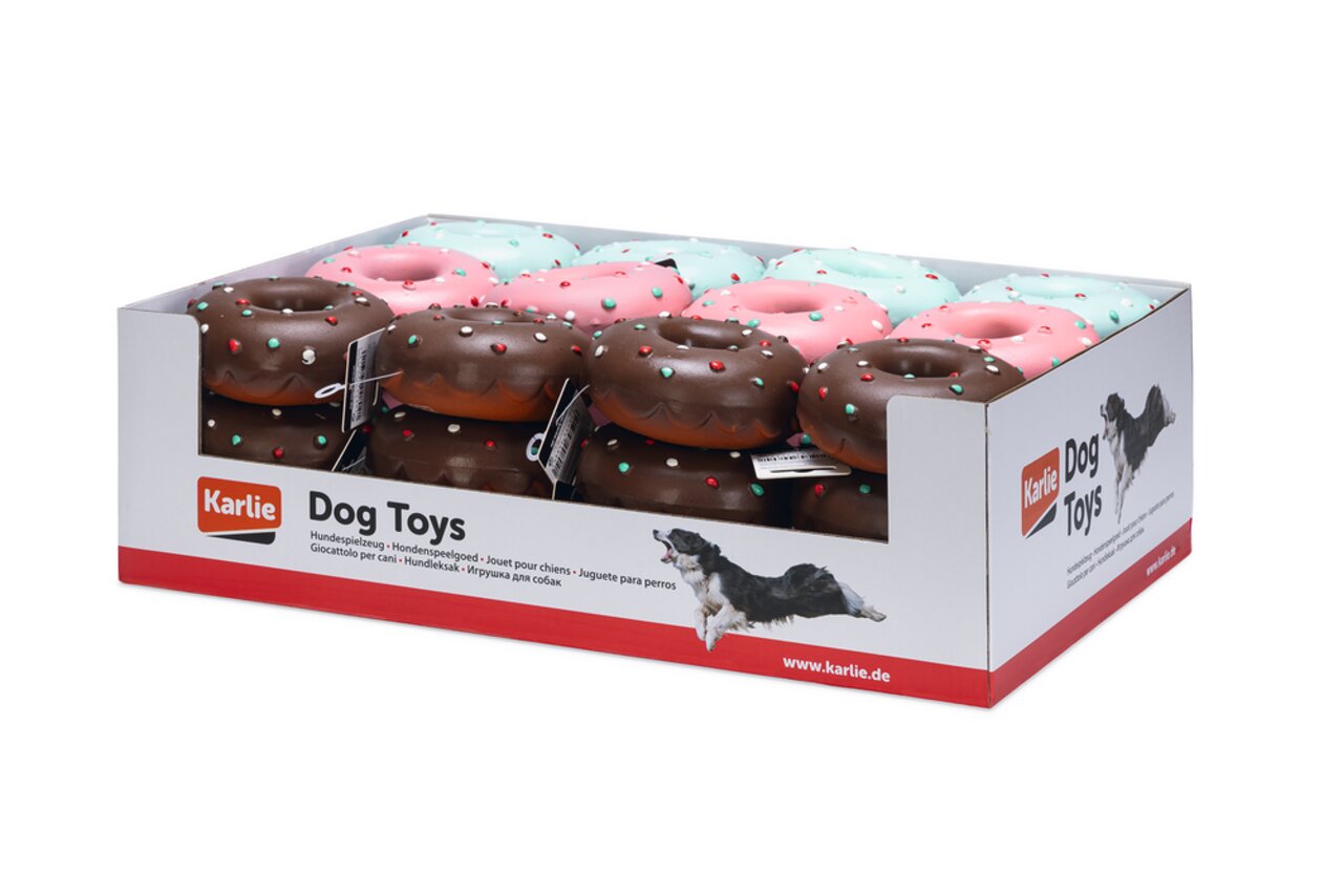 Karlie Dog Toys Donut-Spielzeug für Hunde, bunt, robust und spielerisch gestaltet. Verpackung mit mehreren Stück, ideal für Hundespiel.