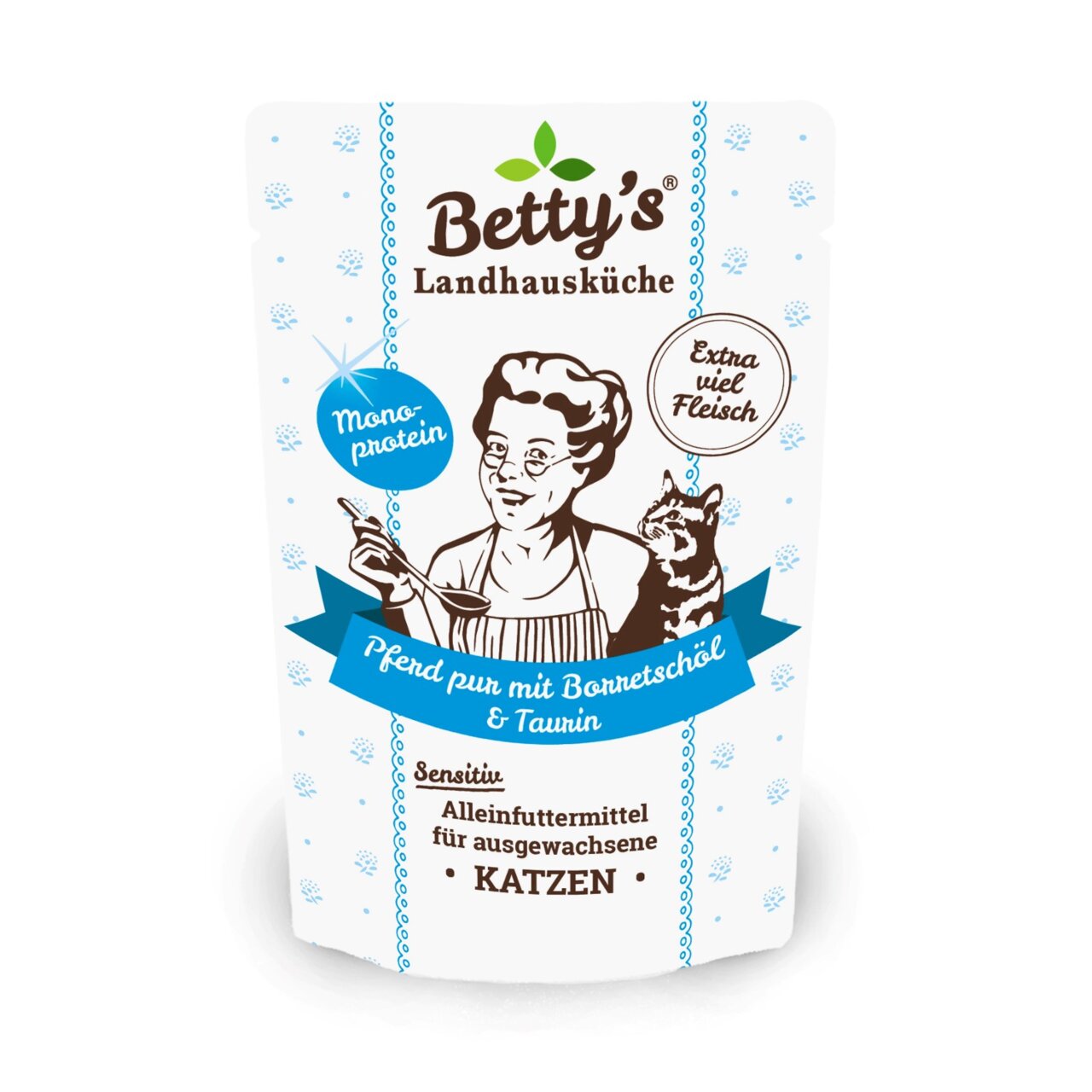 Betty’s Landhausküche Sensitive Pferd pur mit Borretschöl & Taurin für ausgewachsene Katzen, Monoprotein, extra viel Fleisch