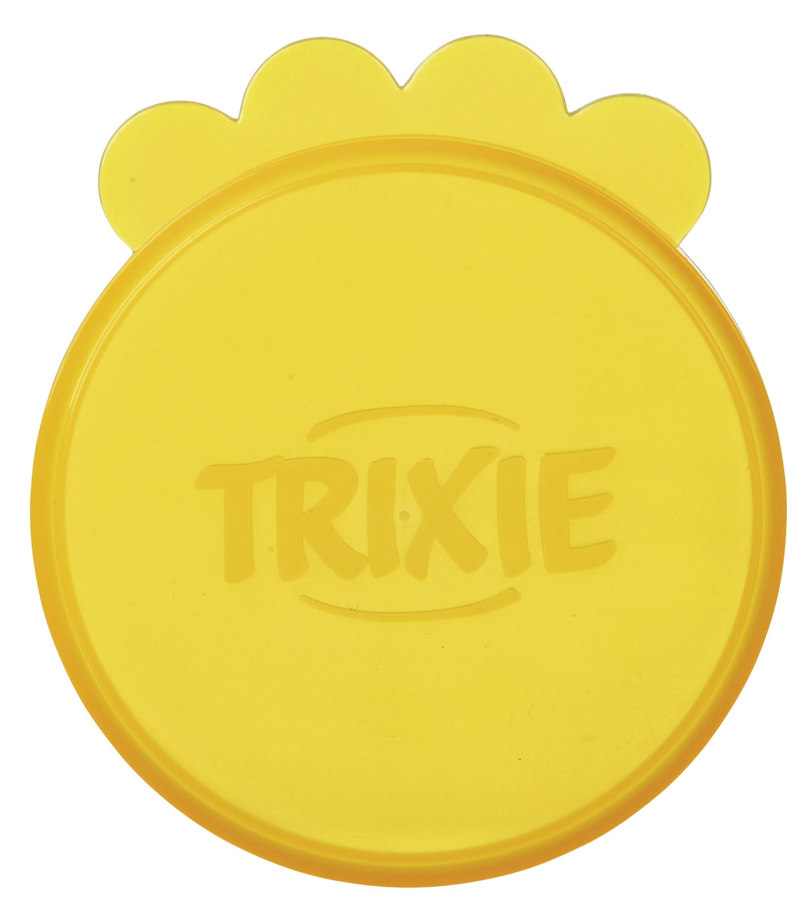 Gelber Deckel der Marke TRIXIE, speziell für Tiernahrungsdosen entwickelt. Zielgruppe sind Haustierbesitzer, die Futter frisch halten möchten. Der Deckel hat eine pfotenförmige Lasche für einfaches Öffnen. Passend für Standarddosen, langlebig und leicht z