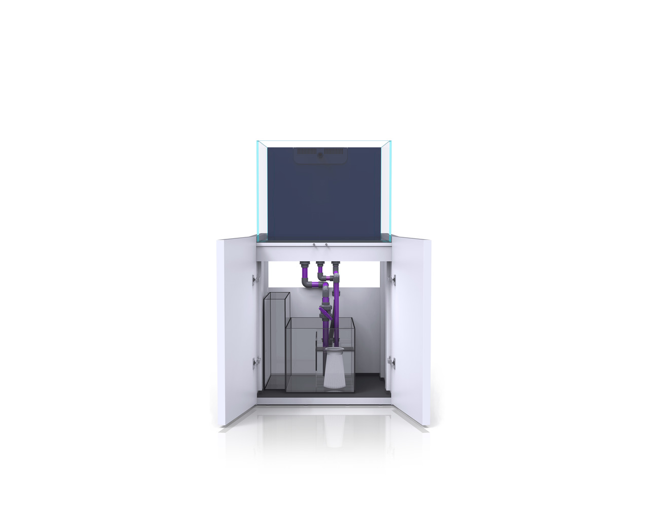 Nyos® OPUS G2 Aquarium-System: Komplettaquarium für Meerwasserliebhaber, rahmenloses Glasbecken, weißer Unterschrank, lila Rohre.