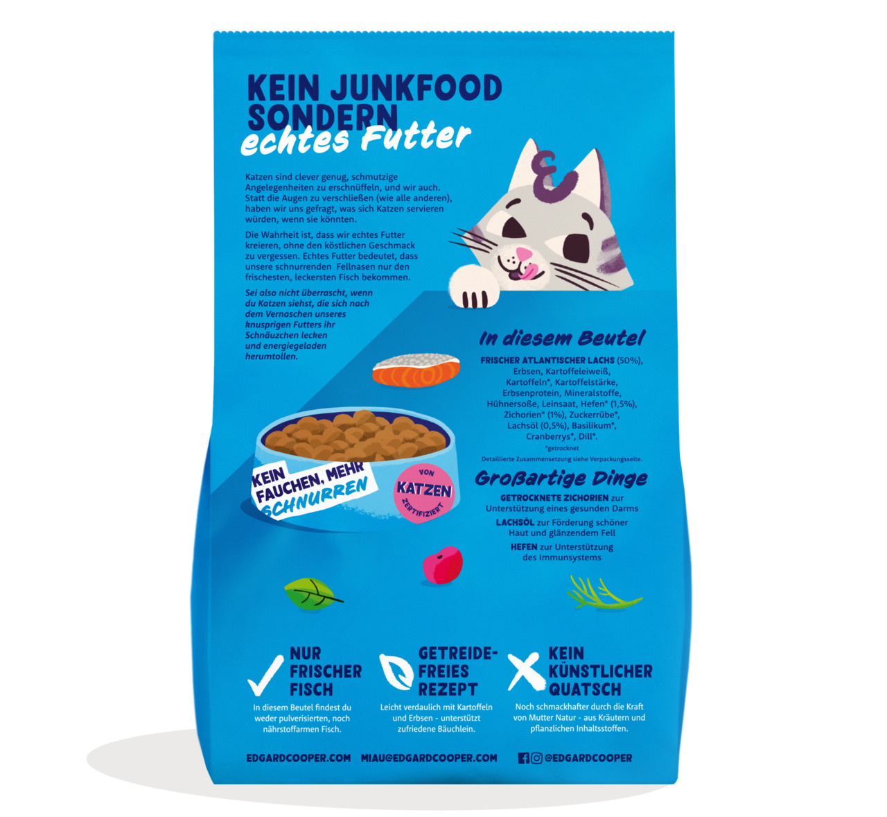Das Bild zeigt eine blaue Verpackung des Katzenfutters „Edgard & Cooper Frischer Atlantischer Lachs“. Zielgruppe sind Katzen. Das getreidefreie Produkt enthält frischen Lachs (50 %) und Zutaten wie Erbsen, Kartoffeln und Chicorée. Es fördert glänzendes Fe
