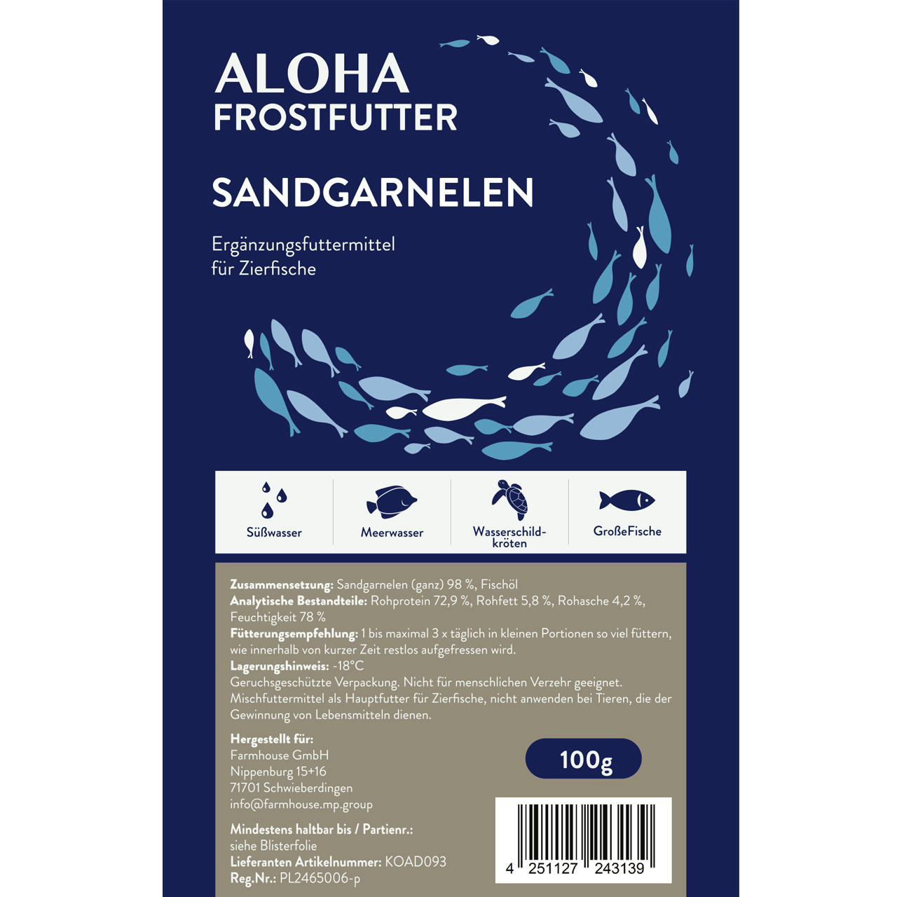 ALOHA Frostfutter Sandgarnelen, Ergänzungsfutter für Zierfische, Süß--Meerwasserfische & Schildkröten, 100 g, 98 % Sandgarnelen.