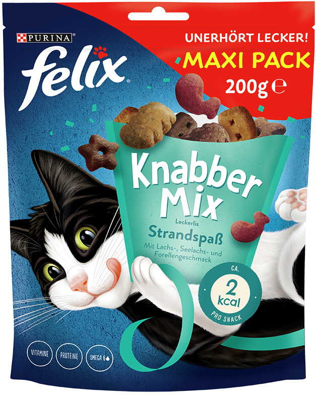Felix Knabber Mix Strandspaß (Purina), für Katzen, Lachs-Seelachs-Forelle, „Ungeheuer lecker!“, ca. 2 kcal-Snack, Maxi Pack 200 g.