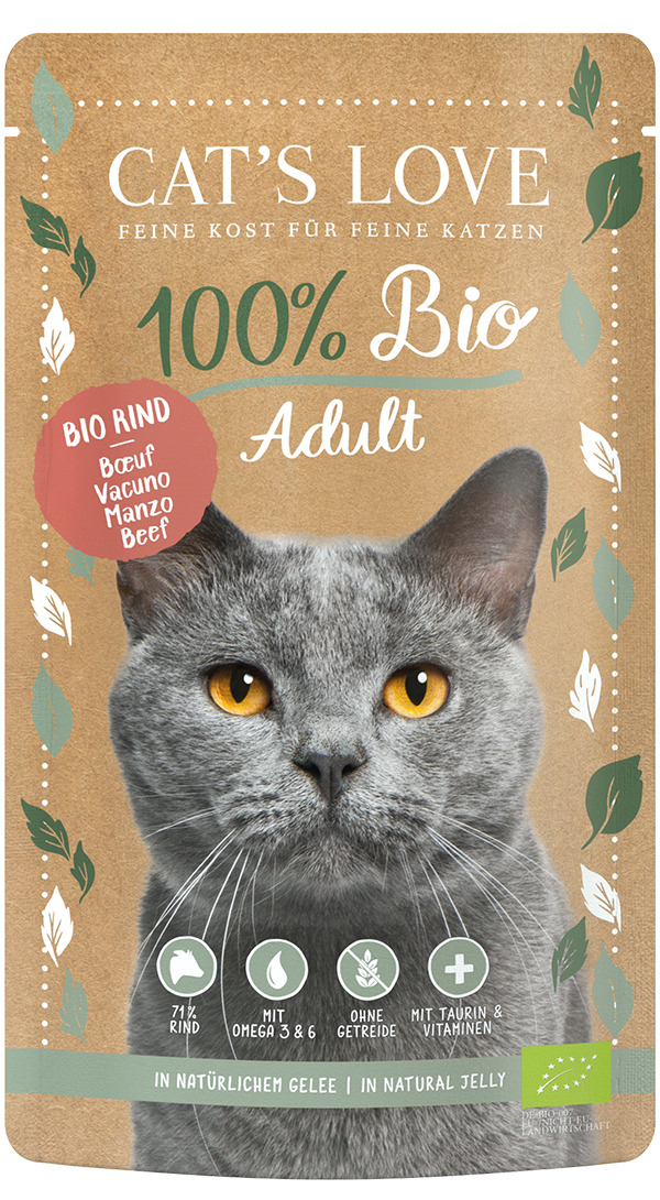 Sparpaket 24 x 100 g Cat's Love 100 % Bio Adult Rind Katzen Nassfutter