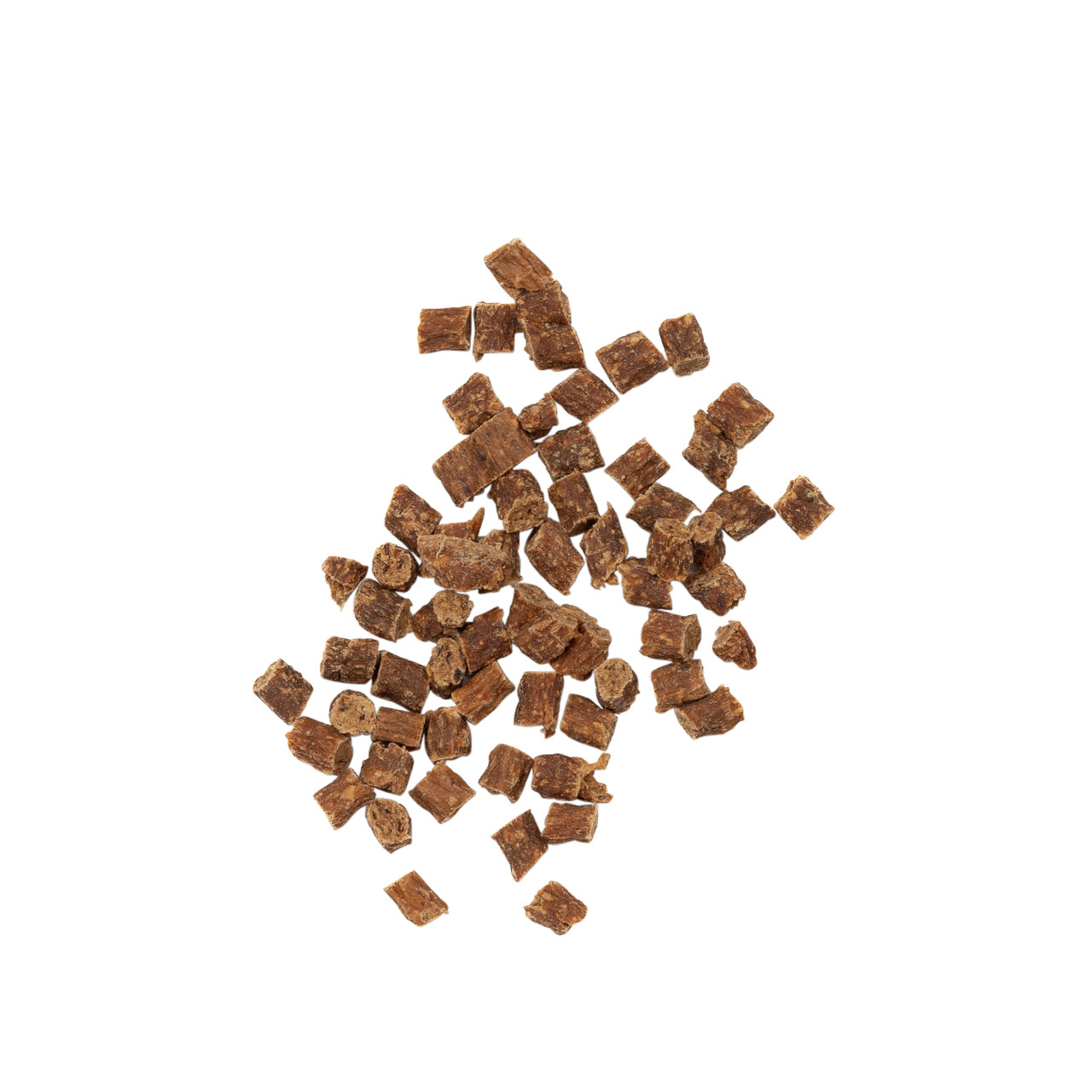 Lottis Häppchen Hundesnack Rind, ideal als Belohnung-Trainingsleckerli, kleine braune Würfel aus getrocknetem Fleisch.