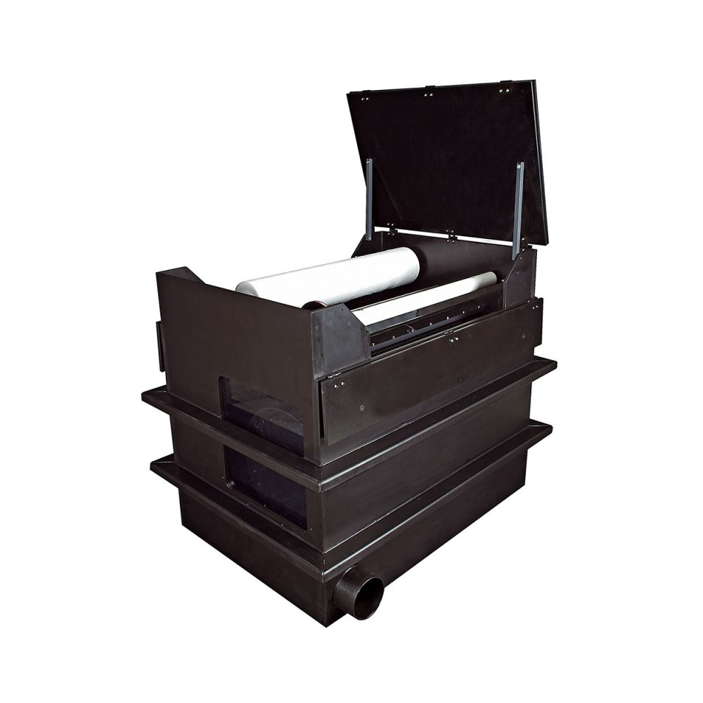 Genesis EVO3-500 Trommelfilter, für Teichbesitzer, effiziente Wasserreinigung, robust, schwarz, offene Klappe, Trommel mit Filtervlies.