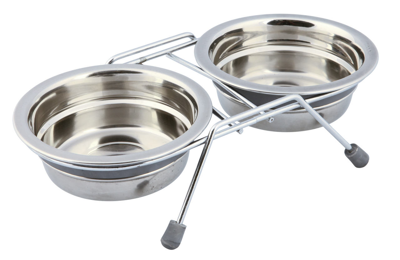 TRIXIE Doppelnapf, Hunde/Katzen, Edelstahl, 0,75L/Napf, stabiler Metallhalter, rutschfest, pflegeleicht, langlebig.