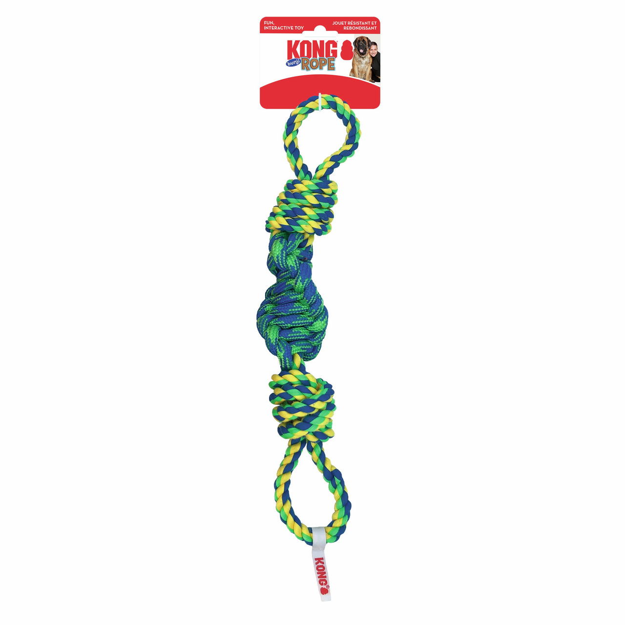 KONG Rope Hundespielzeug, robustes Seilspielzeug für Hunde, Blau-Grün-Gelb, mit Knoten, ideal für Zerr- & Wurfspiele.