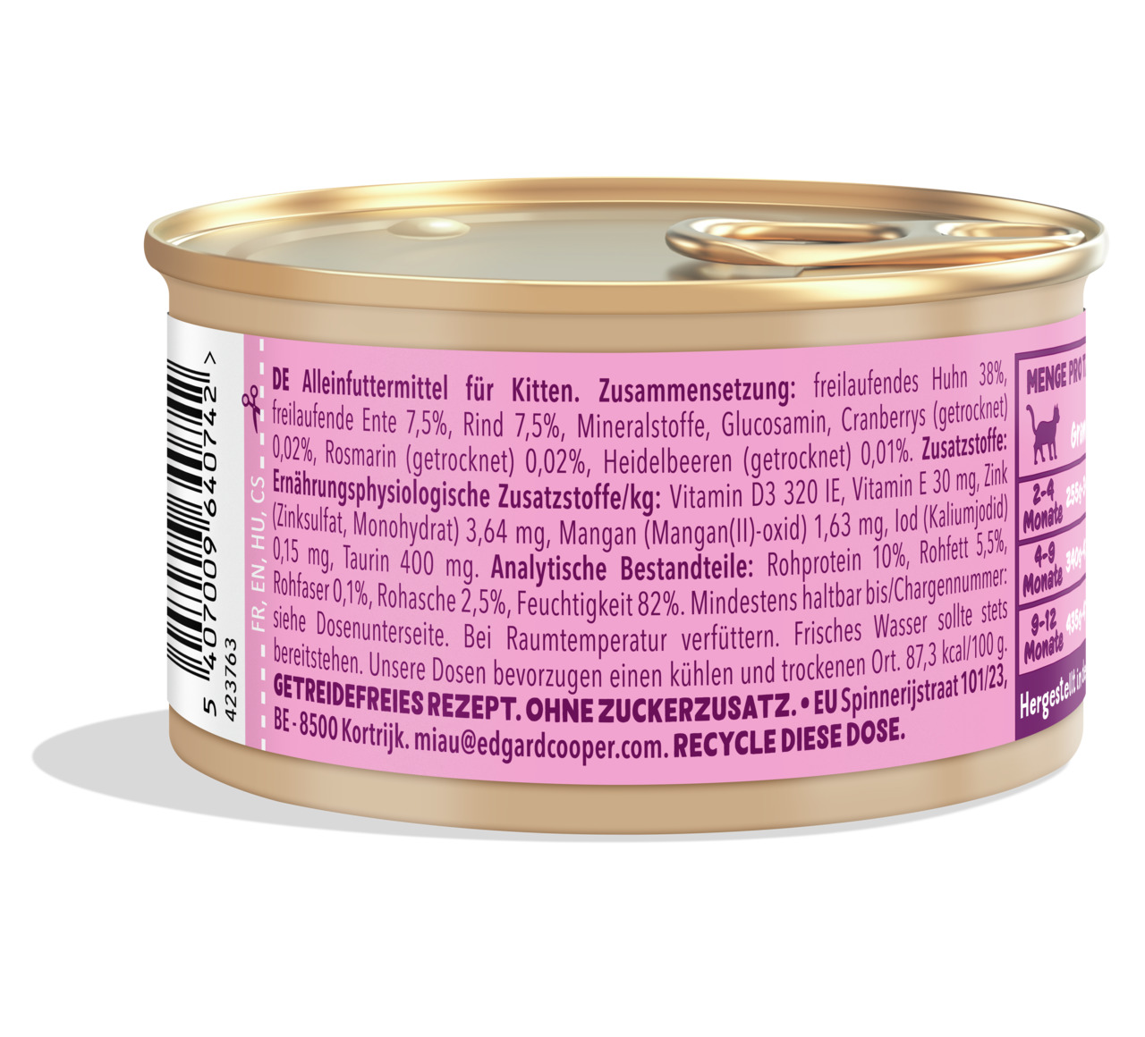 Edgard & Cooper Katzenfutter Kitten, Huhn-Ente-Rind, getreidefrei, ohne Zuckerzusatz, 85 g, recycelbare Verpackung.