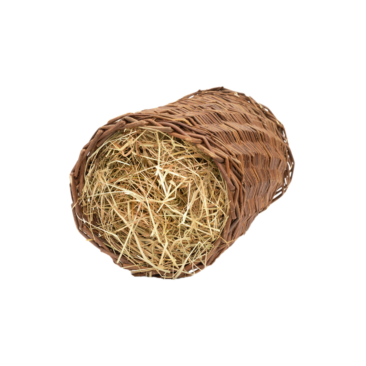 Das Bild zeigt das Produkt „Lottis Freunde Heutunnel“ für Kleintiere wie Kaninchen und Meerschweinchen. Der Tunnel besteht aus geflochtenem Naturweidenholz und ist mit duftendem Heu gefüllt. Er dient als Versteck, Spielzeug und Futterquelle. Ideal für art