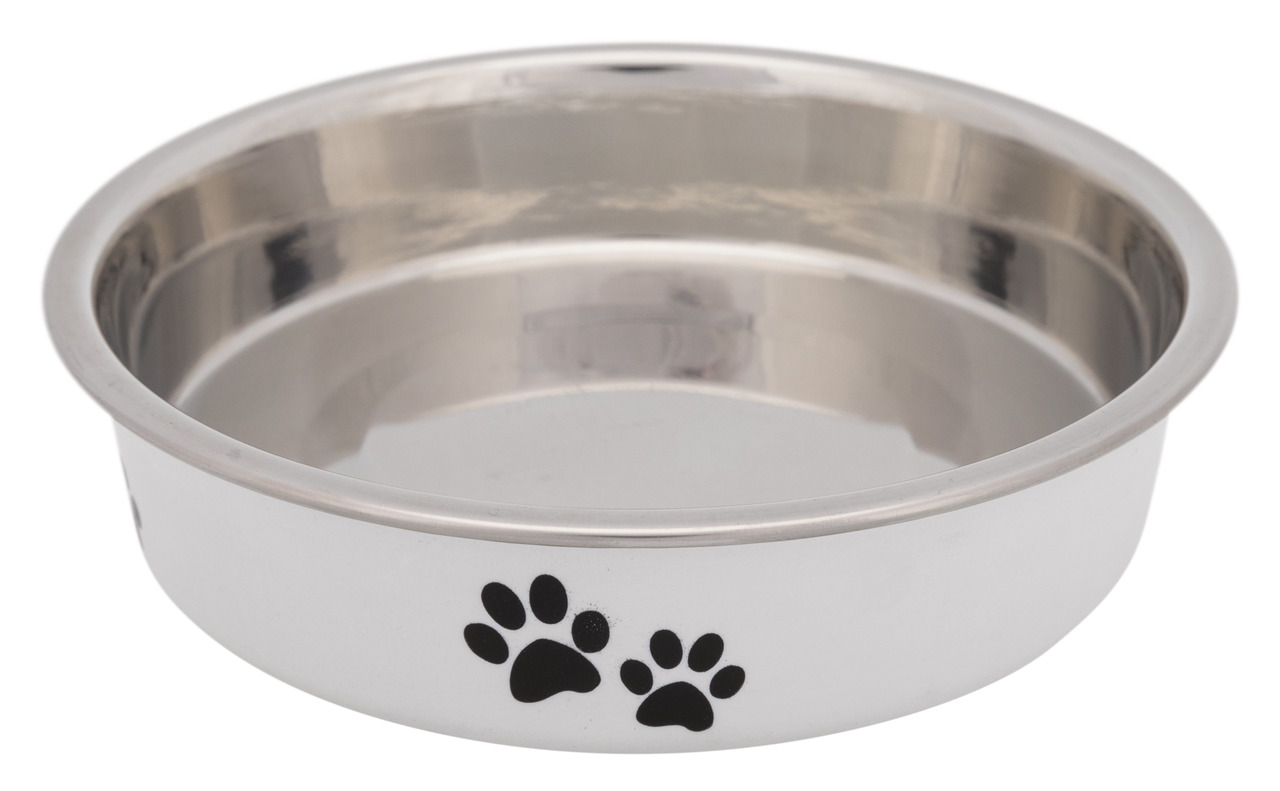 Edelstahl-Hundenapf von TRIXIE mit schwarzem Pfotenmuster, ideal für Hunde. Der Napf ist robust, leicht zu reinigen und für Wasser oder Futter geeignet. Perfekt für den täglichen Gebrauch. Das schlichte Design passt in jedes Zuhause. Geeignet für alle Hun