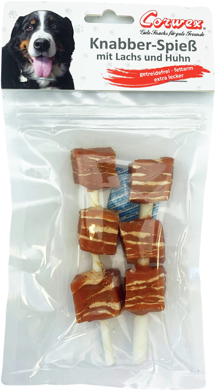 Corwex Knabber-Spieß für Hunde, alle Rassen, Lachs+Huhn, getreidefrei, fettarm, Snack, "extra lecker", 6 Spieße, 100 g.