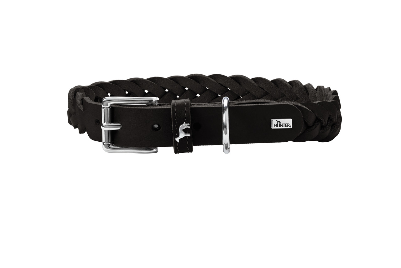 HUNTER Hundehalsband "Solid Education", schwarzes Leder, robuste Metallschnalle, silberne Logo-Plakette, für Hunde.