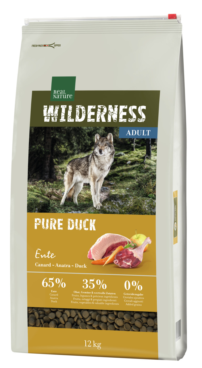 REAL NATURE WILDERNESS PURE DUCK, 12 kg, für erw. Hunde, Ente, 65 % Entenfleisch, 35 % Obst-Gemüse, 0 % Getreide, Wolf im Wald.