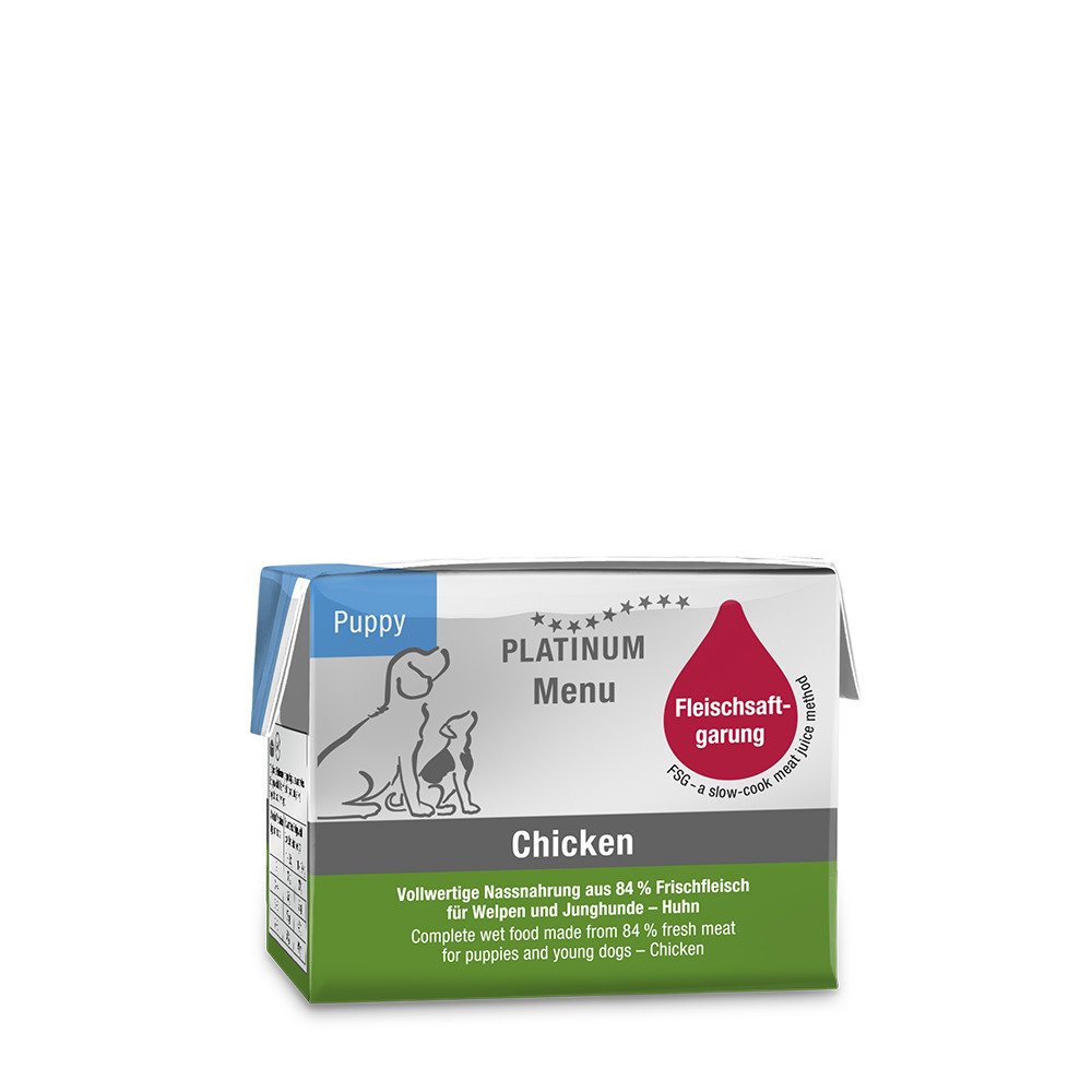 Das Bild zeigt eine Verpackung des Hundefutters „PLATINUM Menu Puppy Chicken“. Es handelt sich um ein Nassfutter für Welpen und Junghunde mit der Geschmacksrichtung Huhn. Die Verpackung hebt hervor, dass das Produkt aus 84 % Frischfleisch besteht und scho