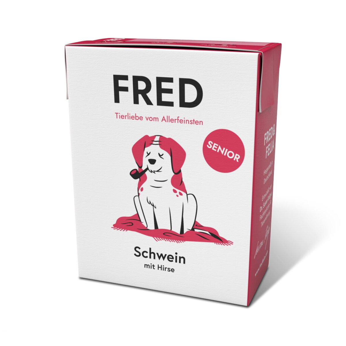 FRED Senior Hundemenü Schwein mit Hirse für ältere Hunde, Tierliebe vom Allerfeinsten, Faltschachtel mit Hundemotiv.