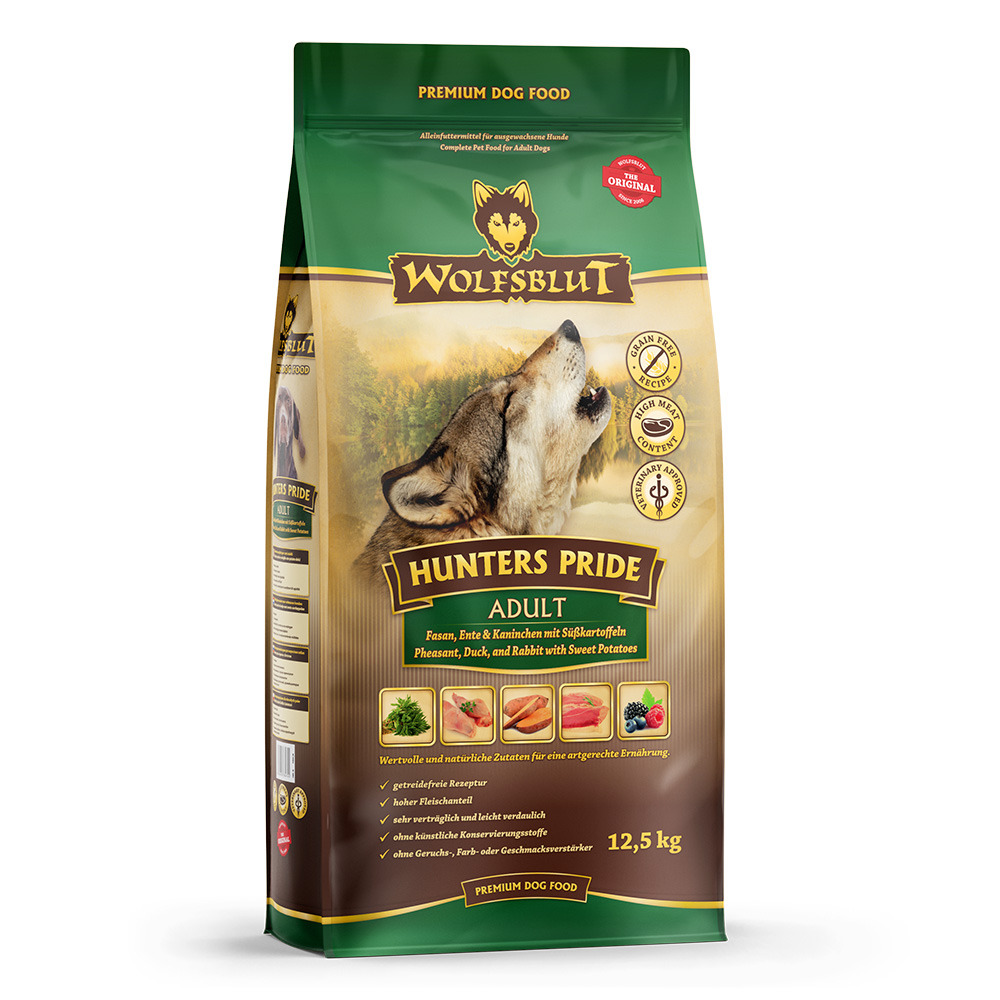 Das Bild zeigt eine 12,5-kg-Packung Wolfsblut Hunters Pride Adult Hundefutter. Die Zielgruppe sind ausgewachsene Hunde. Die Geschmacksrichtung umfasst Fasan, Ente und Kaninchen mit Süßkartoffeln. Das Produkt ist getreidefrei, enthält einen hohen Fleischan