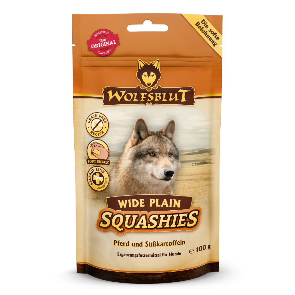 Wolfsblut Wide Plain Squashies, Ergänzungsfutter f. Hunde, Pferd & Süßkartoffeln, 100 g, getreidefrei, „Die softe Belohnung“.