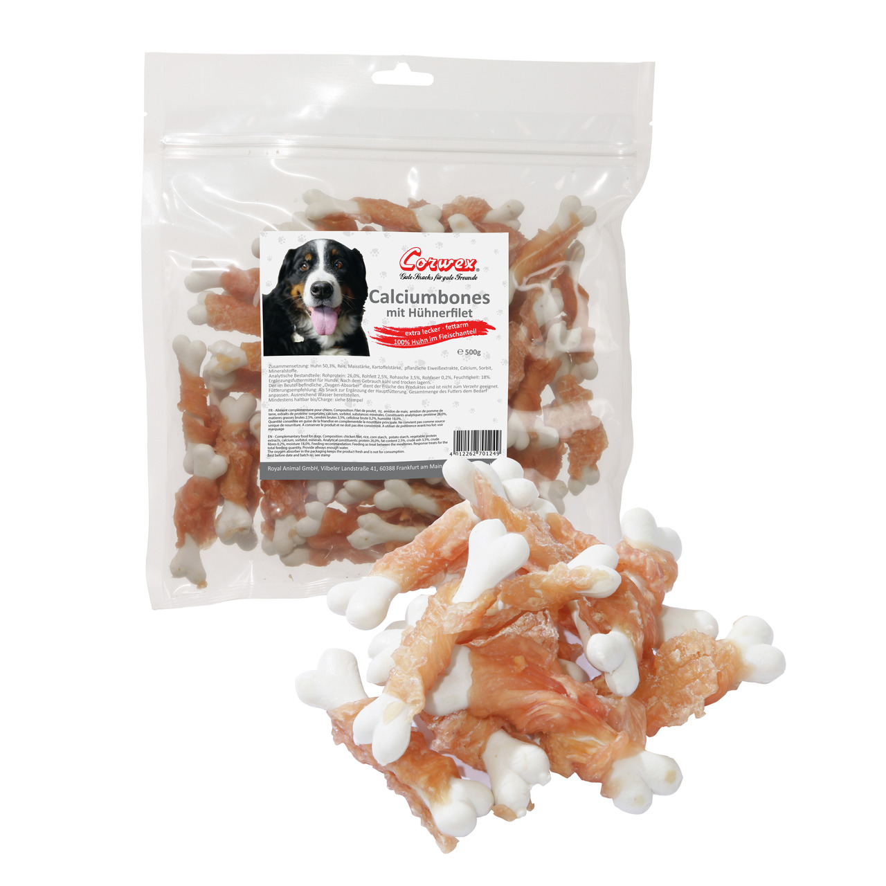 Corwex Calciumbones mit Hühnerfilet für Hunde, Geschmack Huhn, 500 g Kauartikel: weiße Knochen, umwickelt mit Hühnerfilet.