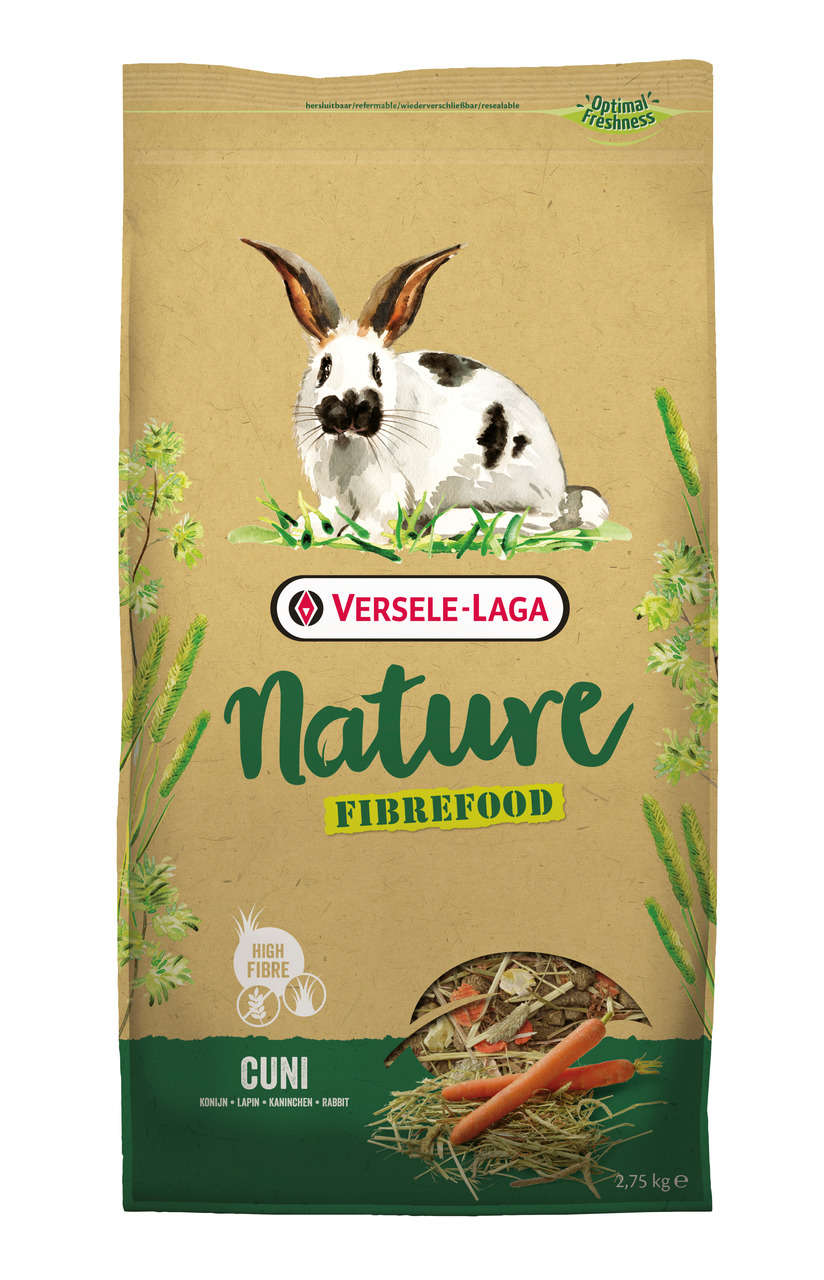 Versele-Laga Nature Fibrefood Cuni, Kaninchen, ballaststoffreich, 2,75 kg, beige Verpackung mit Karotten+Heu-Illustration.