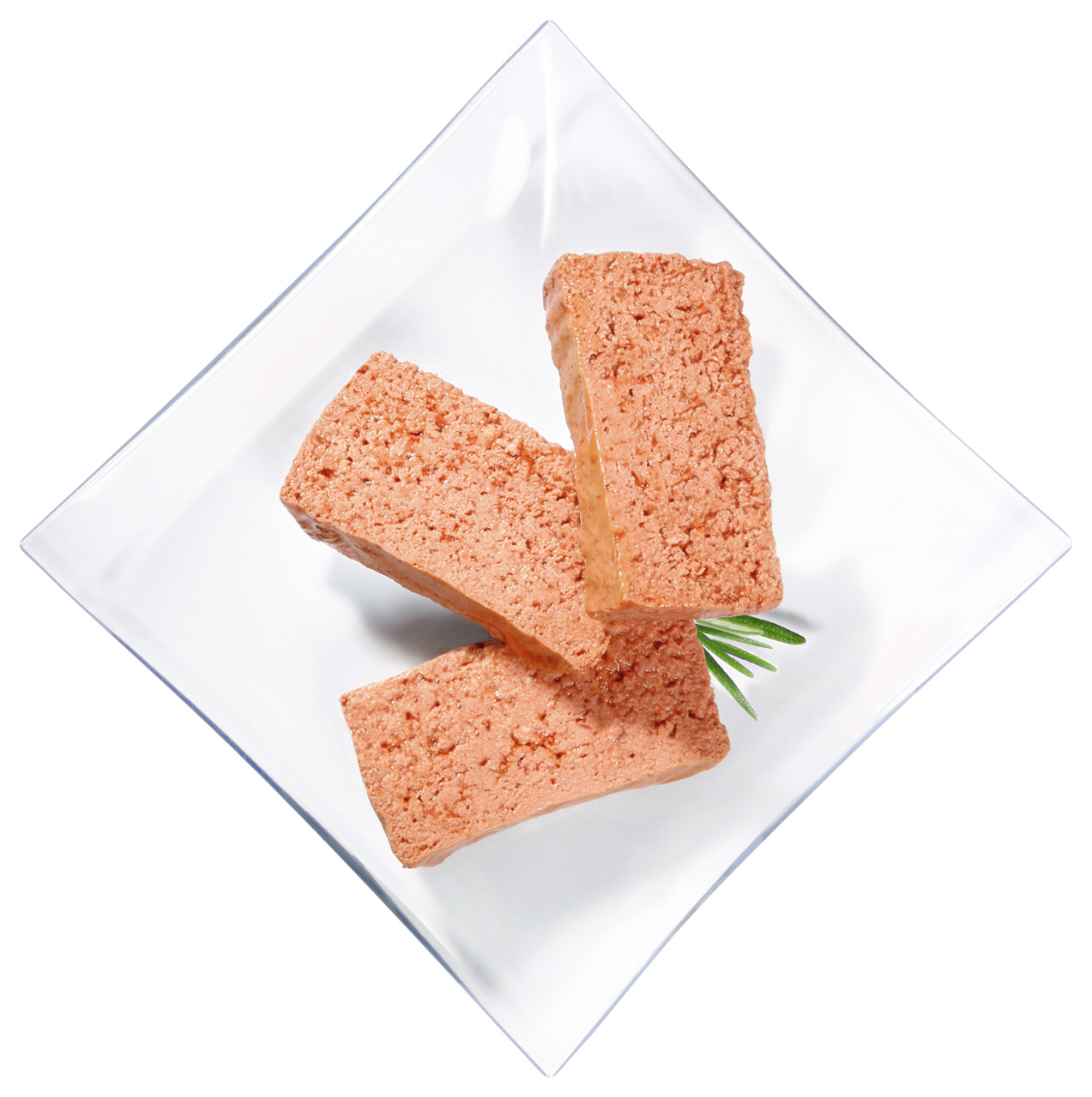 PREMIERE Katzenfutter Geflügel, für Katzen, weich & saftig, dekoriert mit Rosmarin, 3 Stück auf Teller.