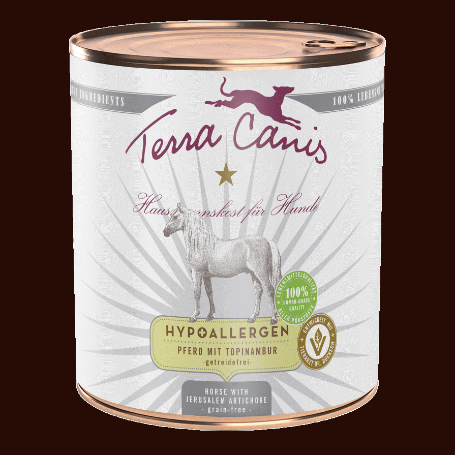 Terra Canis Hypoallergen Nassfutter, Pferd+Topinambur, 400 g, getreidefrei, für Hunde mit empfindl. Magen, Lebensmittelqualität.