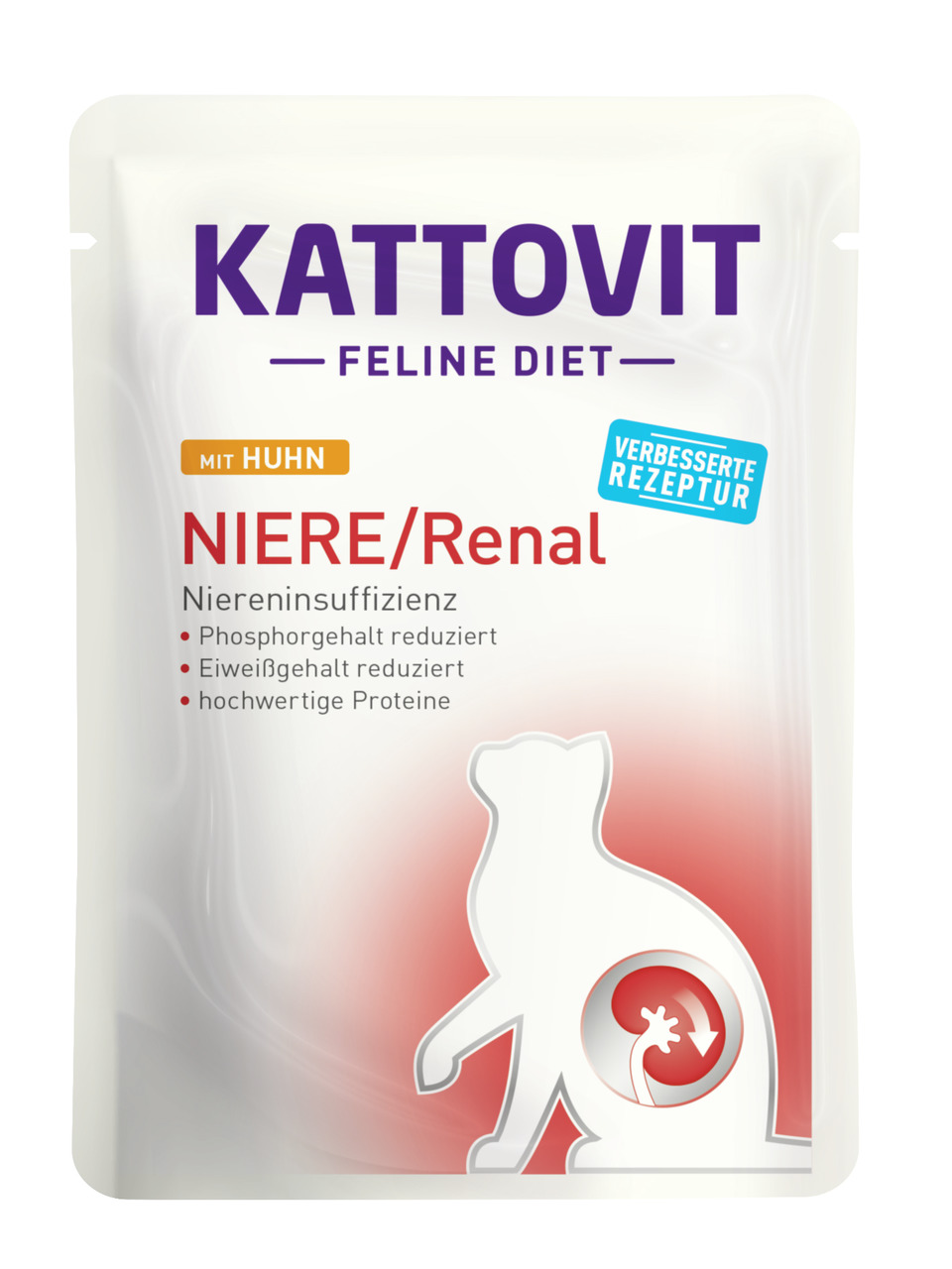 Kattovit Feline Diet Niere/Renal, Huhn, für Katzen mit Niereninsuffizienz, phosphor-/eiweißreduziert, 85g, „Verbesserte Rezeptur“.