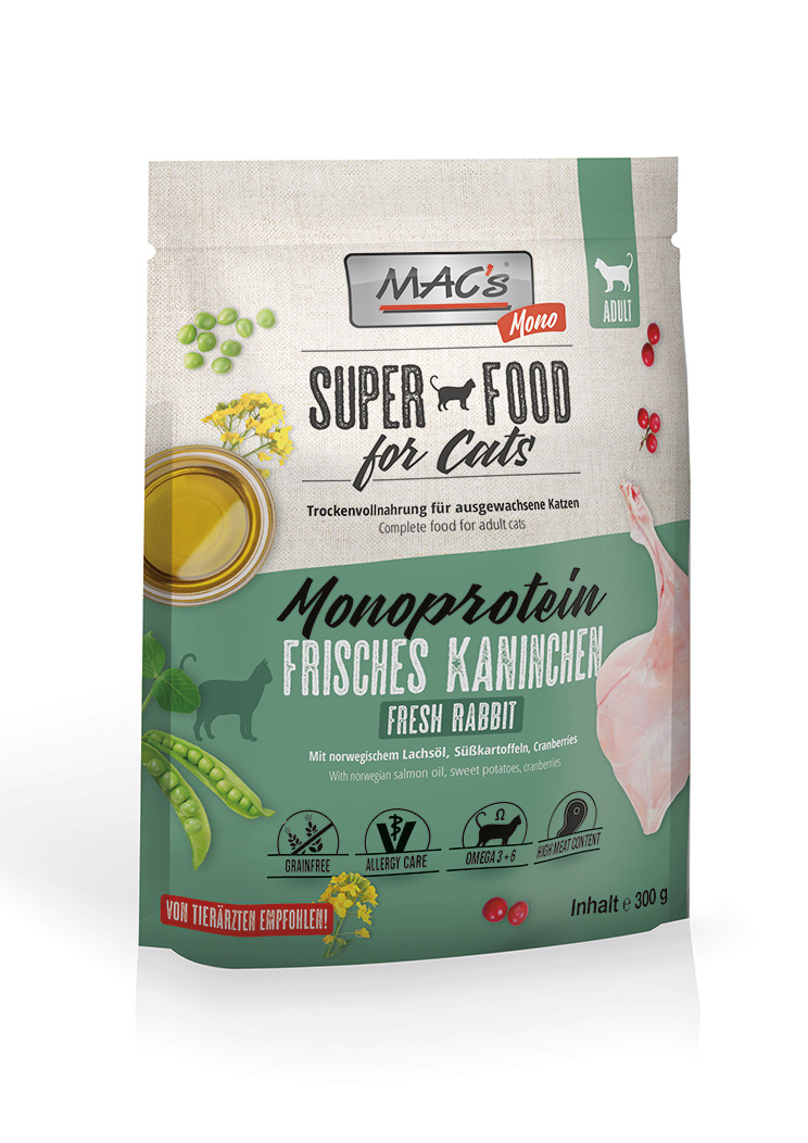 MAC's Mono Super Food for Cats, Trockenvollnahrung für Katzen, Kaninchen, 300 g, getreidefrei, Omega-3/-6, mit Lachsöl & Cranberries.