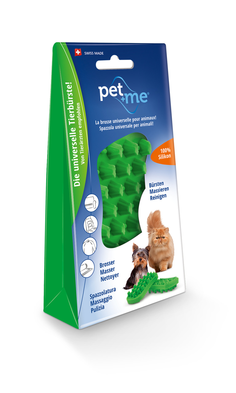 Tierbürste „pet+me“ für Hunde & Katzen, 100 % Silikon, bürstet, massiert, reinigt, von Tierärzten empfohlen, „Swiss Made“.