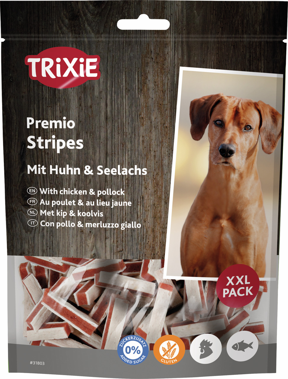 TRIXIE Premio Stripes, Hundesnacks, Huhn & Seelachs, XXL-Pack, ohne Zuckerzusatz, glutenfrei, speziell für Hunde.