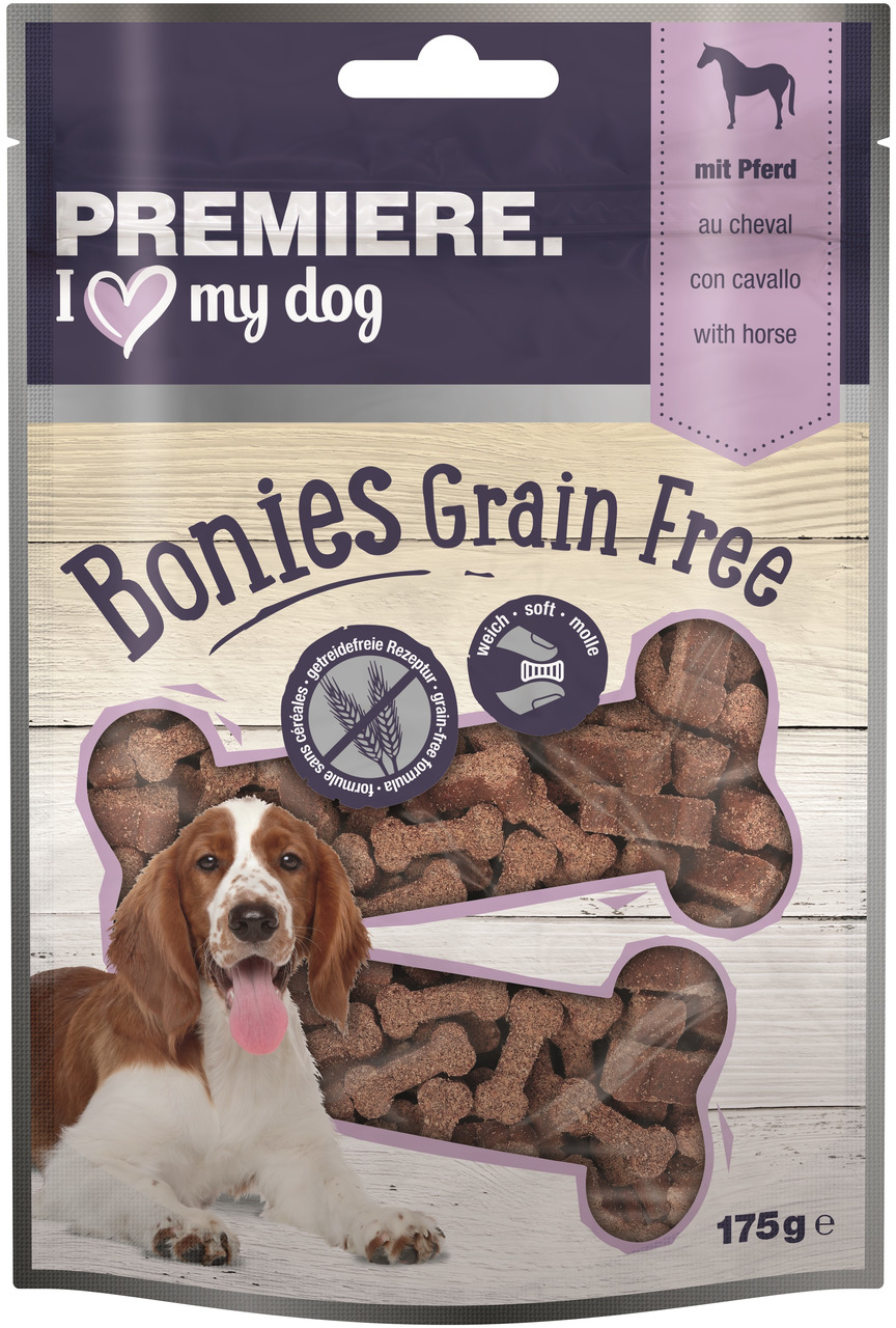 PREMIERE I love my dog Bonies Grain Free, Hundesnacks mit Pferd, 175 g, getreidefrei, weiche Konsistenz, Knochenform.