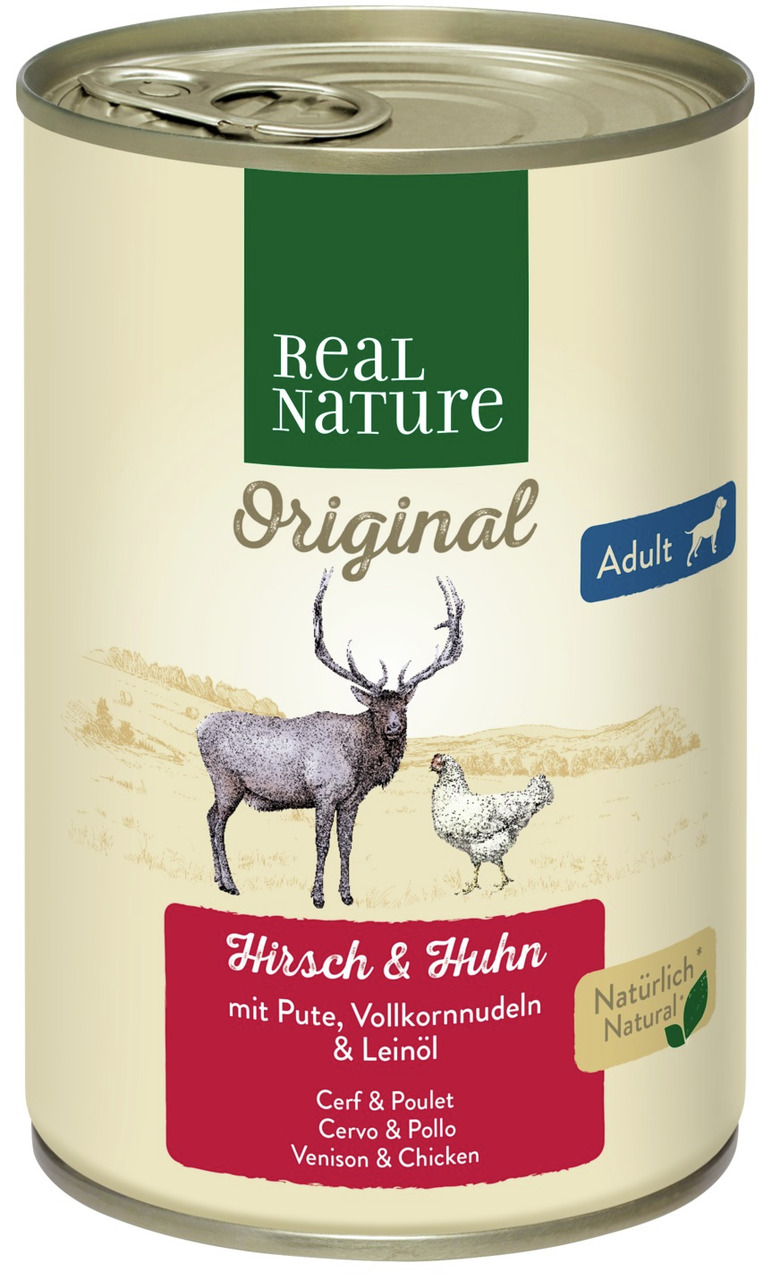 Real Nature Original Hundefutter Adult, Hirsch & Huhn mit Pute, Vollkornnudeln & Leinöl, natürliche Zutaten, 400 g.
