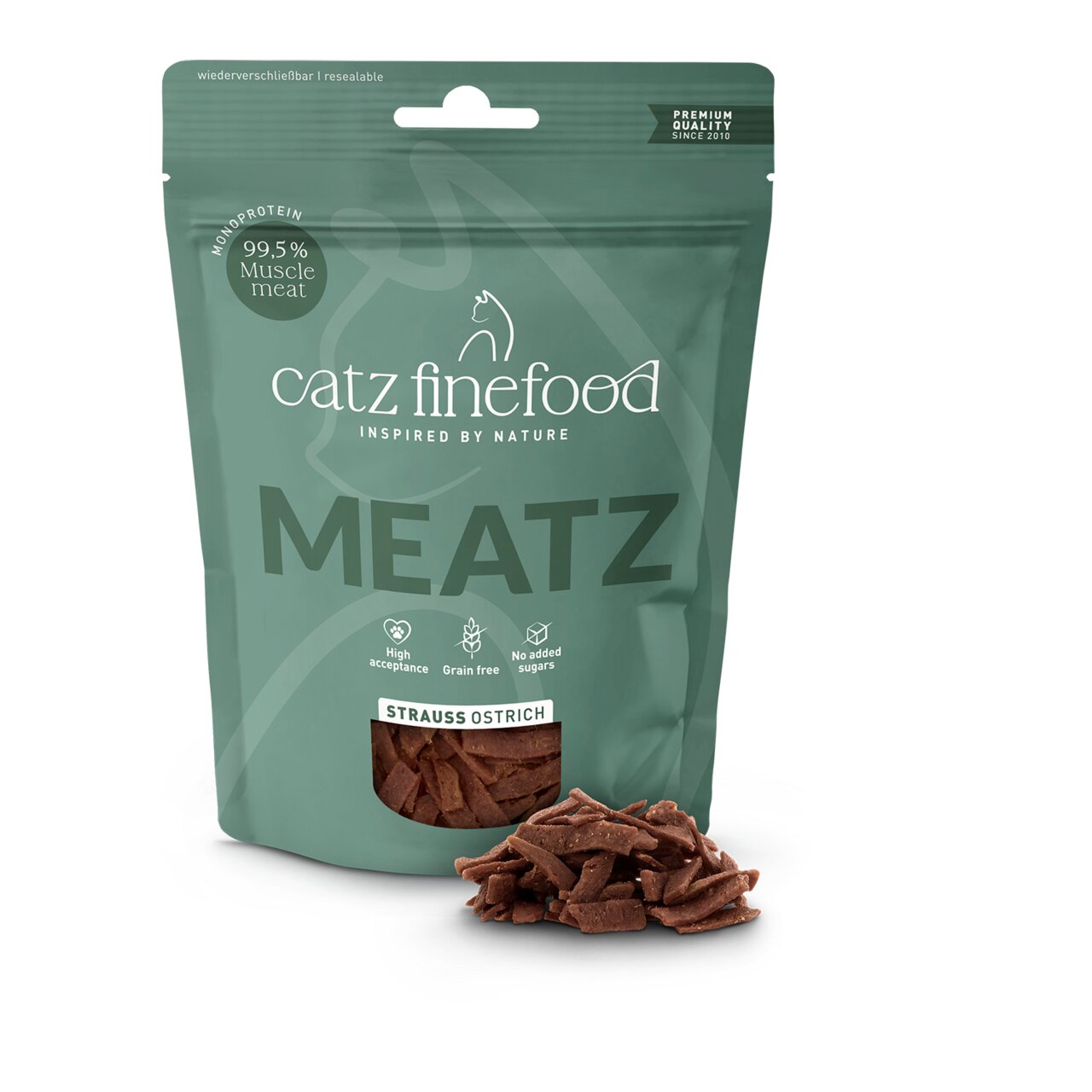 Catz Finefood Meatz Straß Ostrich für Katzen, Monoprotein, getreidefrei, ohne Zuckerzusatz, 50 g wiederverschließbar.