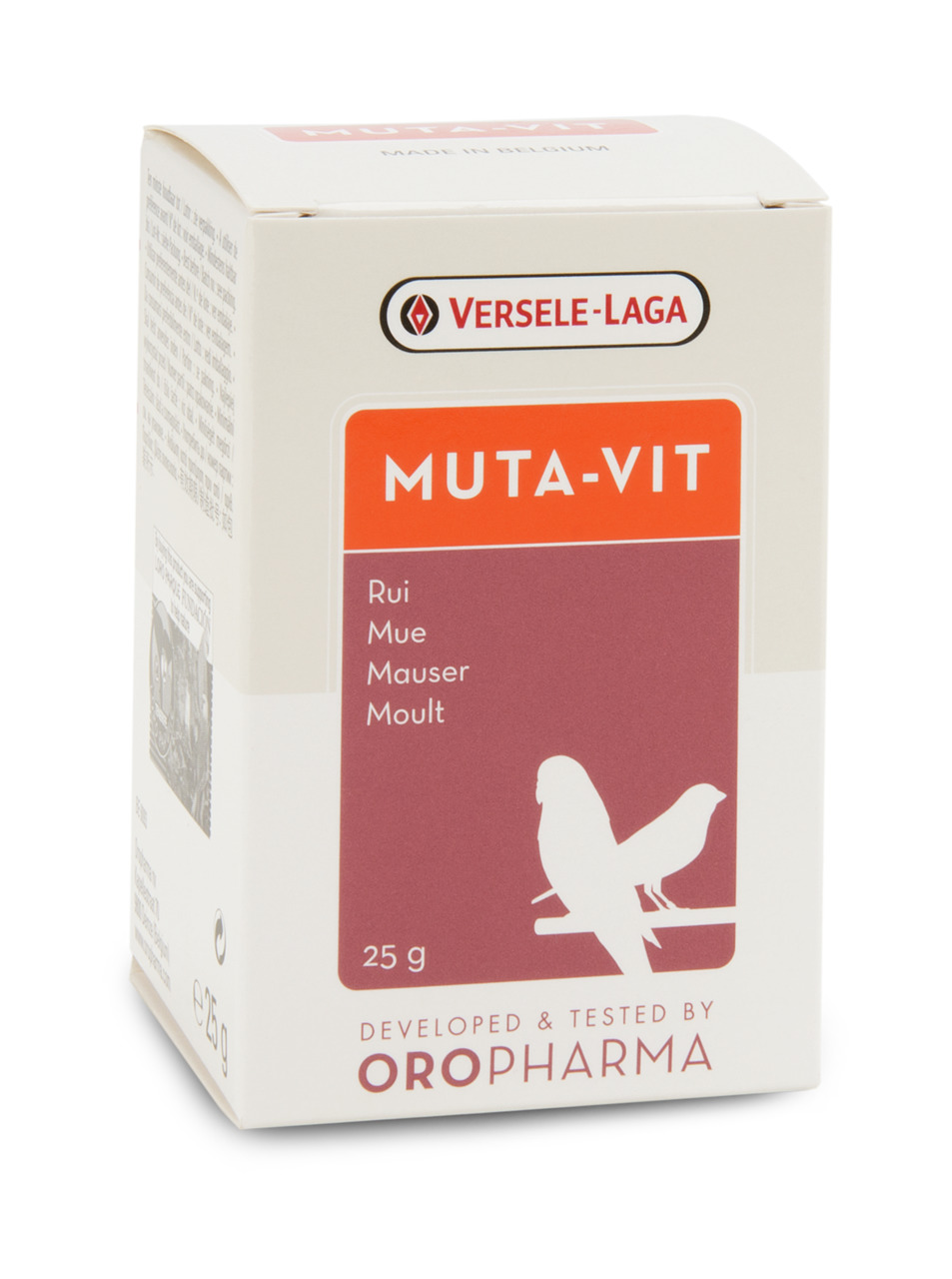 Versele-Laga Muta-Vit, Ergänzungsfuttermittel für Vögel in der Mauserzeit, 25 g, mit Vogel-Symbol und „Rui, Mue, Mauser, Moult“.