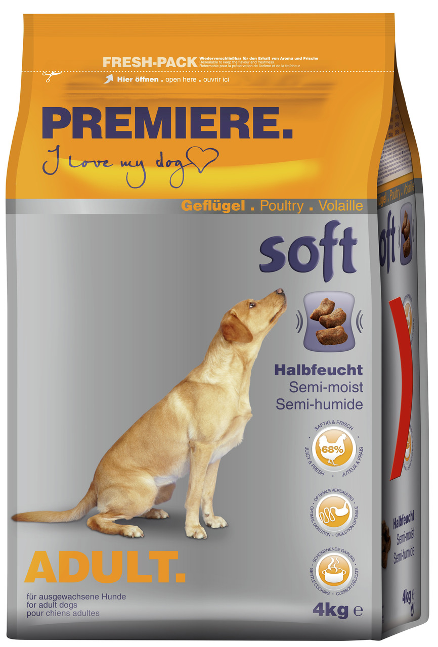 PREMIERE Soft Adult, Geflügel, für ausgewachsene Hunde, 4 kg halbfeuchtes Futter, 68 % saftig, fördert Verdauung, schonend gegart.