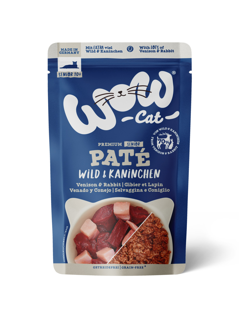 WOW CAT Premium Senior Paté Wild & Kaninchen, für Katzen ab 10 J., 70 % Fleisch, getreidefrei, „Made in Germany“.