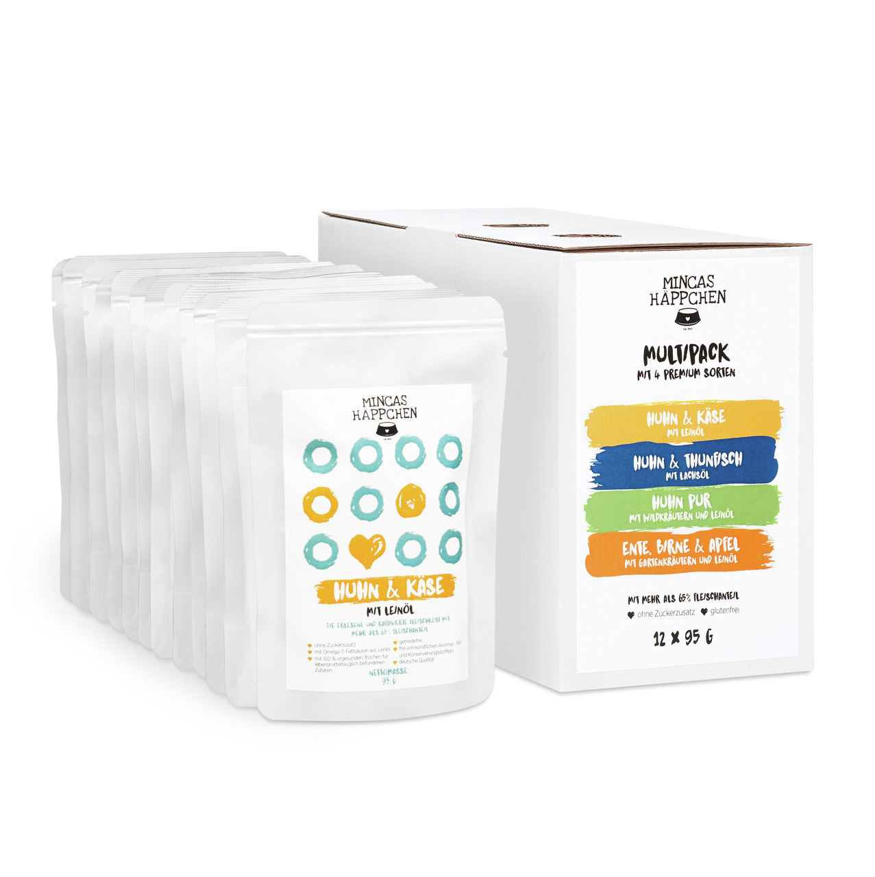 Mincas „MINCAS HÄPPCHEN“ Katzenfutter, für ausgewachsene Katzen, Geschmacksrichtung Huhn, 400 g, ansprechendes Design.