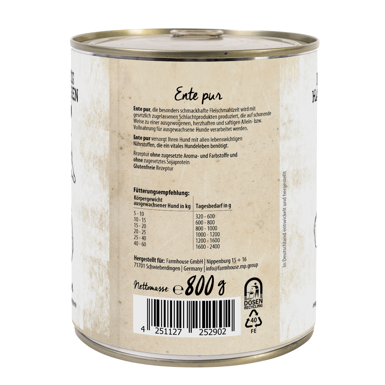 Lottis Häppchen Hundefutter, Ente pur, 800 g, für ausgewachsene Hunde, glutenfrei, ohne Aroma- & Farbstoffe.